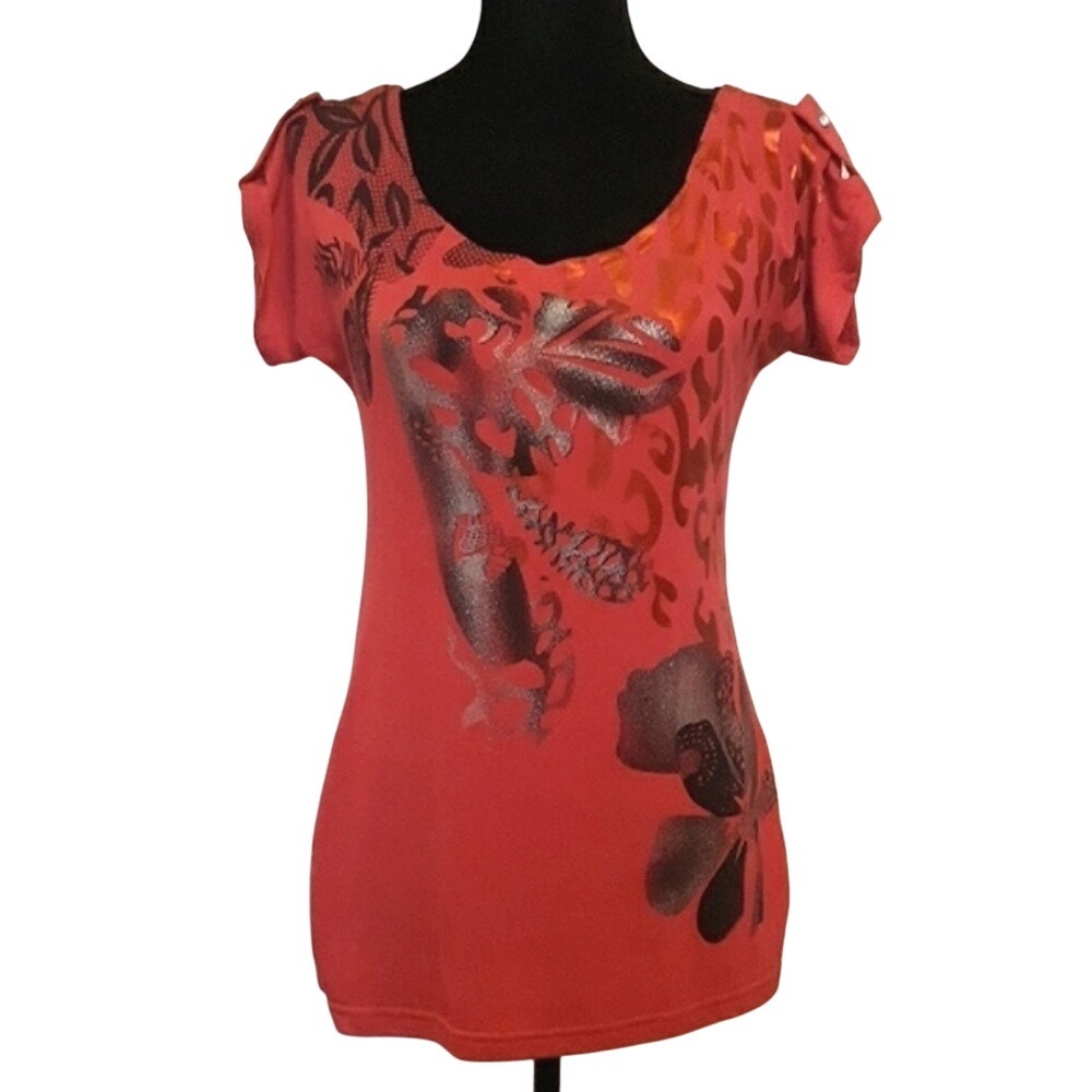 Michael F Women Coral Pink Foil Floral Leopard Print Rhinestone Tunic Top Size M